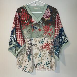 Soft Surroundings Embroidered Tunic Top Petite S Kimono Sleeve Asian Floral Top
